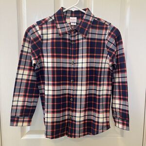 Hanna Andersson French Terry Button Up Shirt Red Navy Blue Plaid Boys 130 US 8